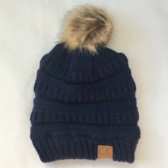 C.C Navy Cable Knit Beanie Faux Fur Pom Pom - Picture 2 of 4